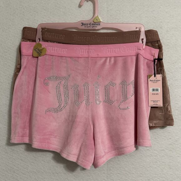 Juicy Couture Lounge Shorts Women L Pink Brown 2 Pk Velour Plush Bling Logo NWT - Picture 11 of 12